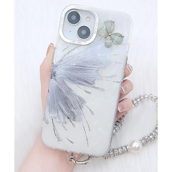 スマホケース ビジュー ストラップ付き 3D バタフライ iPhone ケース