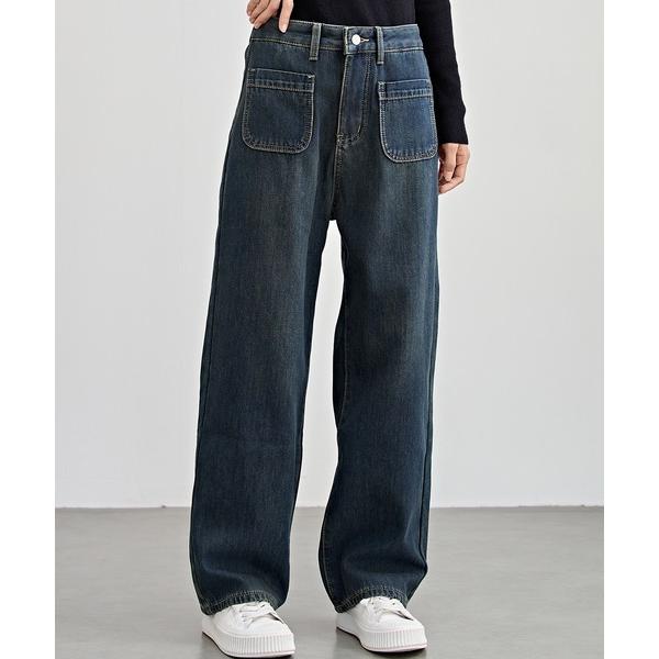 ジーンズ デニム デニムパンツ パッチポケット付き ハイウエスト ストレート ワイド デニム 裏起毛...
