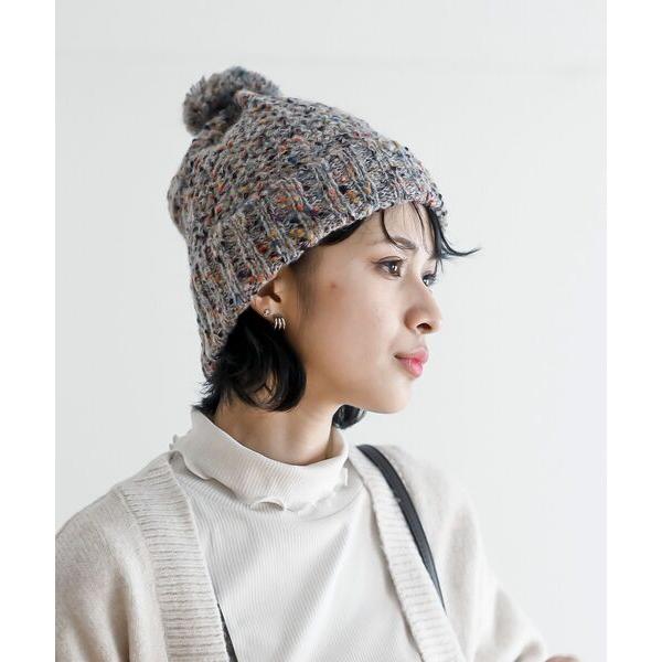 ニット帽 ニットキャップ ポンポン付きカラーネップニット帽 レディース