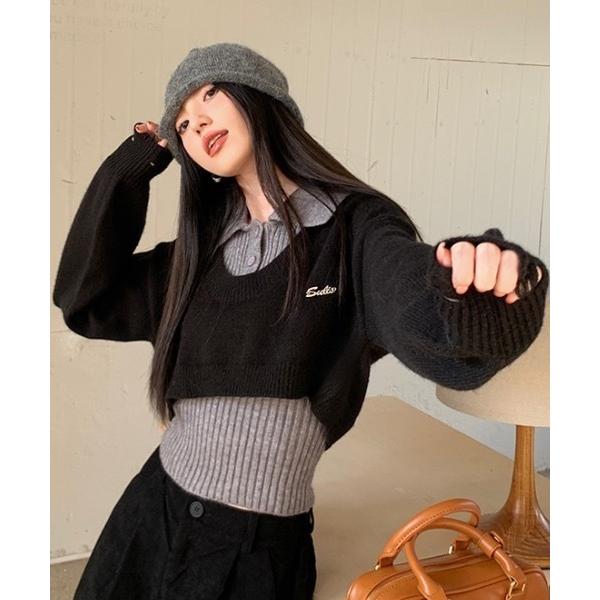 ニット セーター 二点セット　ショート丈ダメージニット+インナー レディース