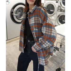 コート アウター ウール混シャギーチェックシャツジャケット