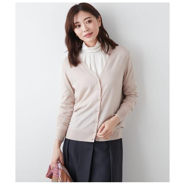 ニット セーター 「手洗い可能」セルロースウール天竺16G 配色スカラップVネックカーディガン レデ...