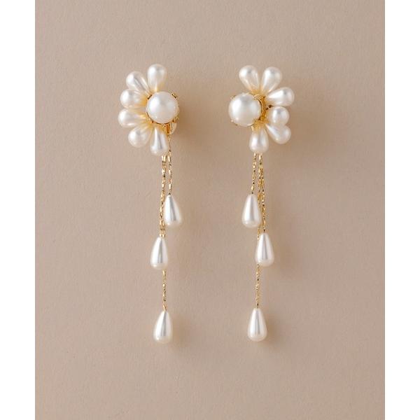 イヤリング 「ecru」　パールフラワーロングイヤリング レディース