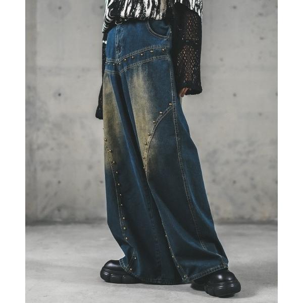 ワイドパンツ ジーンズ ビンテージウォッシュスタッズデザインワイドデニムパンツ メンズ レディース