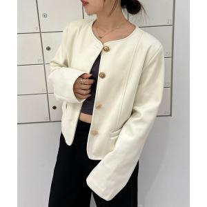 ジャケット ノーカラージャケット ゴールドボタン×ステッチ入り