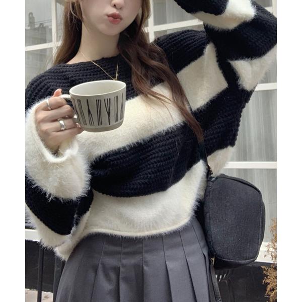 ニット セーター オーバーフィット ボーダーニット 長袖 パフ袖 ニット レディース