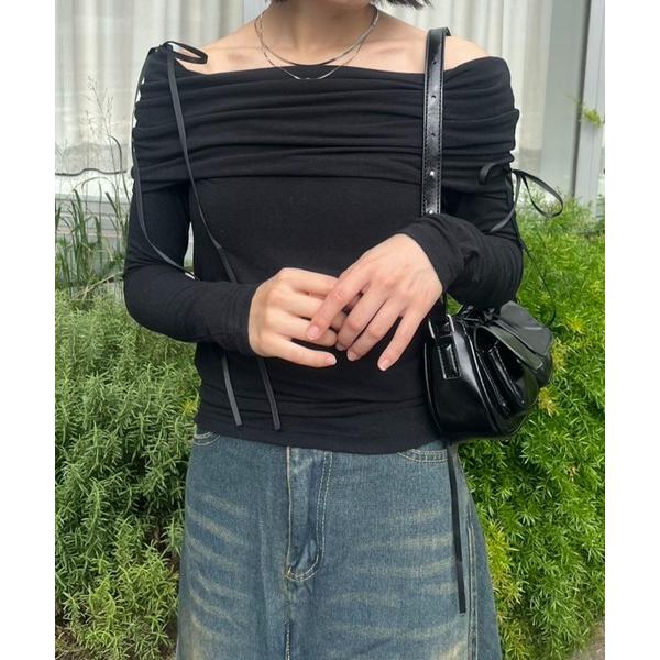 tシャツ リボンドレープオフショルダー レディース