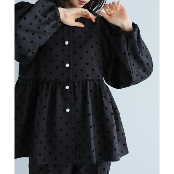 ジャケット ノーカラージャケット ペプラムフレアデザインジャケット「ブラックorドット柄」 レディー...