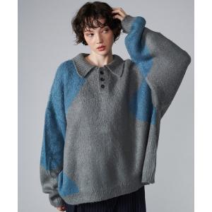 セーター ニット MIX PATTERN SHAGGY VOLUME KNIT POLO  / シャギーミックスボリュームニットポロ メンズ レディー