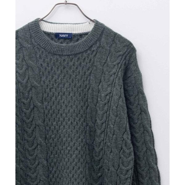 セーター ニット NAVY「快適ニット」ストレッチ ケーブル編みセーター メンズ レディース