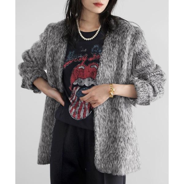 ジャケット ノーカラージャケット Vネックシャギージャケット レディース