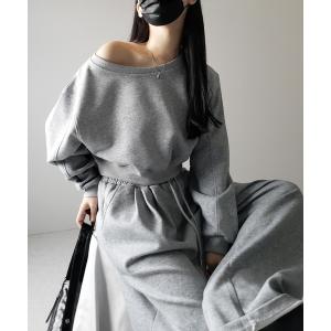 セットアップ 「 セットアップ 」ワンショルダーショートスウェットトップス ＋ タックワイドパンツ SET ／ off shoulder short sweat tops ＆ tack wide …