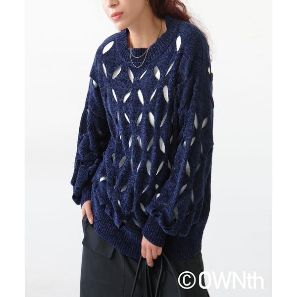 ニット セーター ダイヤ柄カットアウトクルーネックニットトップス レディース