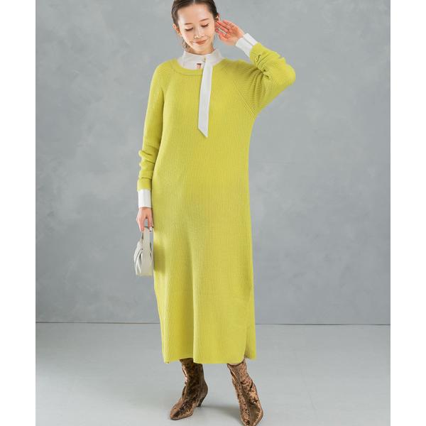 ワンピース ヤク混サイドスリット畦ニットワンピース