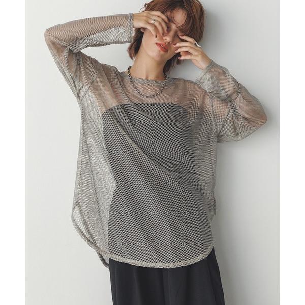 tシャツ ラメメッシュ クルー長袖Tシャツ レディース