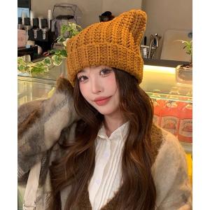 ニット帽 ニットキャップ 「HIKA」マルチストライプMIX編み猫耳ニット