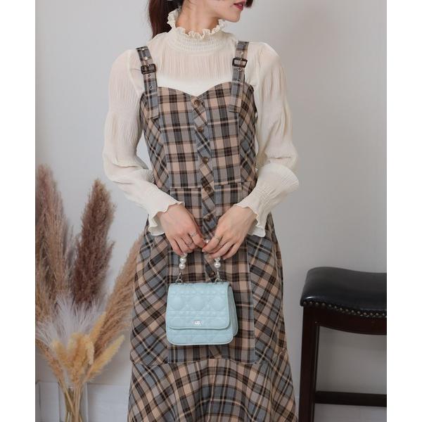 ジャンパースカート チェック柄 裾マーメイド切替 ロングジャンスカ ワンピース