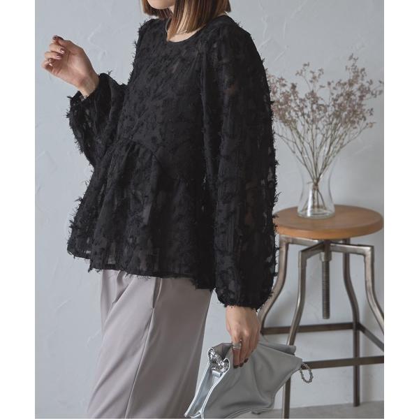 ブラウス シャツ フリンジジャガードペプラムブラウス レディース