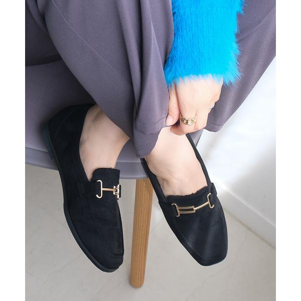 ローファー ボア付きスクエアトゥビットローファー/モカシン防寒パンプス レディース