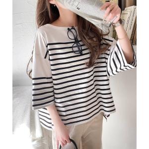 tシャツ ラフにキマる大人スタイル。オーガニックコットン100%ボートネックオーバーサイズパネルボーダーTシャツ(半袖) レディース