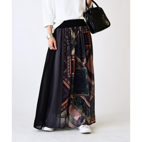 スカート 異素材切替ふんわりプリントスカート
