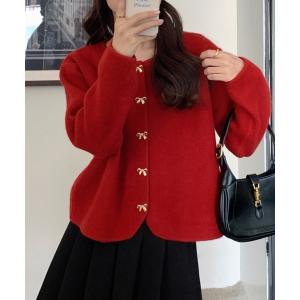 カーディガン リボン釦ニットカーディガン レディース