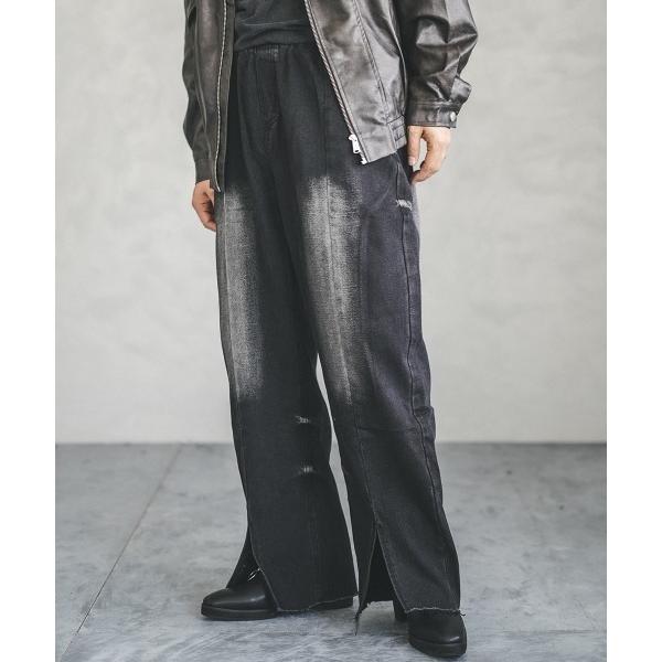 ワイドパンツ ジーンズ センターシームフロントスリットビンテージウォッシュデニムパンツ メンズ レデ...
