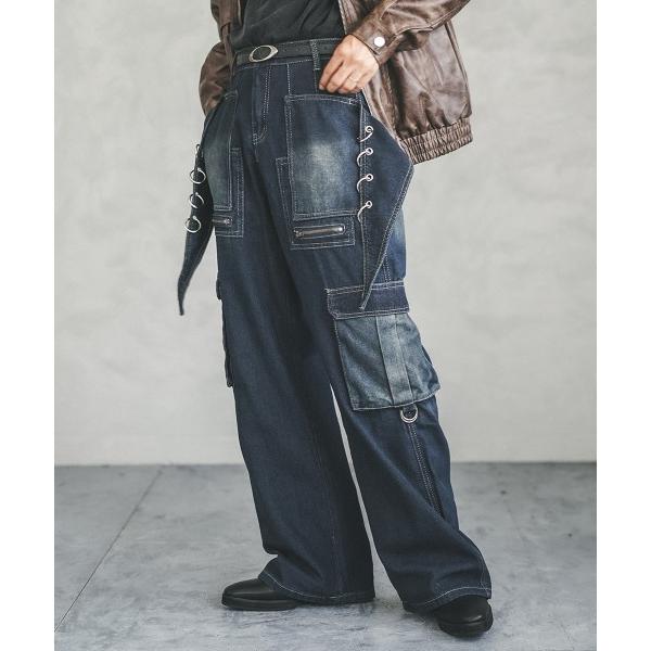 ジーンズ リングデザインワイドストレートカーゴデニムパンツ メンズ レディース