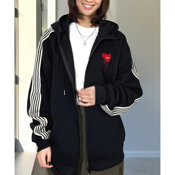 パーカー 萌え袖 ボリュームスリーブ ハート刺繍 ライン スウェット ジップ パーカー レディース ...