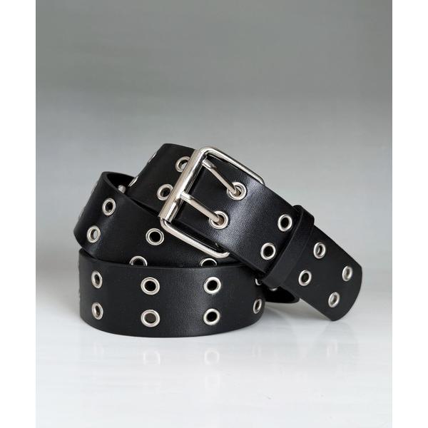 ベルト ダブル アイレット デザイン バックル PUレザー ライトベルト レディース メンズ