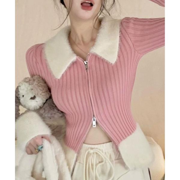 ニット セーター シャギー 切り替え ジップ ニット カーディガン レディース