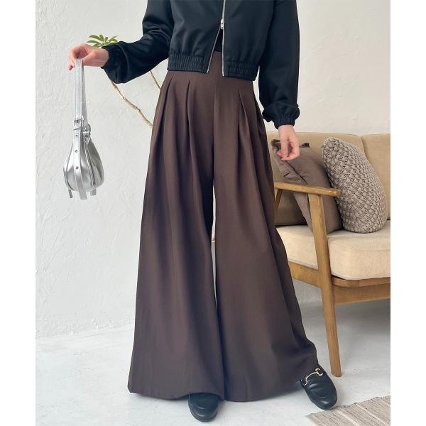 スラックス パンツ タックデザインハイウエストスーパーワイドスラックス レディース