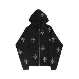 UNKNOWN LONDON パーカー フーディー｜BLACKxRED RHINESTONE CROSS ZIP 