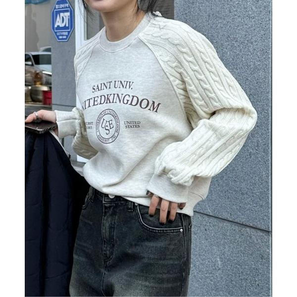 トレーナー スウェット ラグランケーブルニットスリーブカレッジスウェットトップス レディース