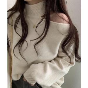 ニット セーター ワンショルカットアウトハイネックニットトップス レディース