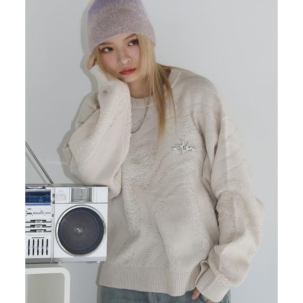 セーター ニット ダブルジャガード アブストラクトメタルプレート ダメージニット メンズ レディース