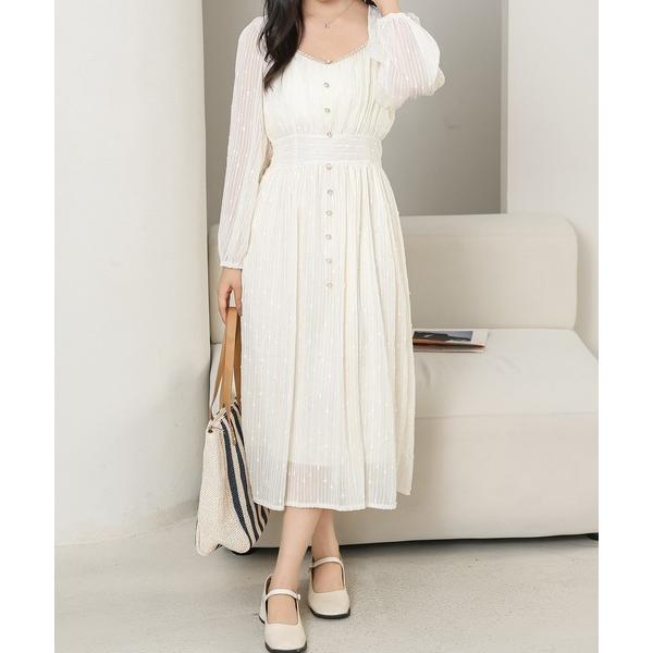 ワンピース パフスリーブ スクエアVネック パール ボタン ワンピース