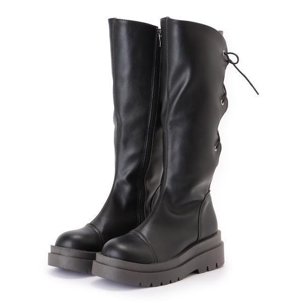 ブーツ バック レースアップ レザー調 ロング フラット ブーツ レディース