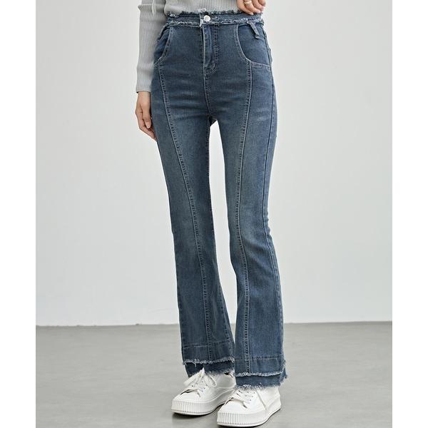 ジーンズ デニム デニムパンツ ハイウエスト フリンジ フレア デニム パンツ レディース