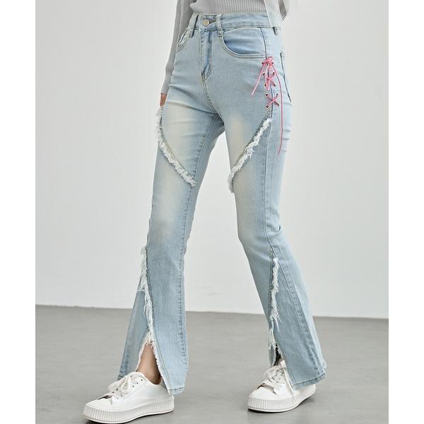 ジーンズ デニム デニムパンツ 配色 レースアップ ハイウエスト フリンジ フレア デニム パンツ ...