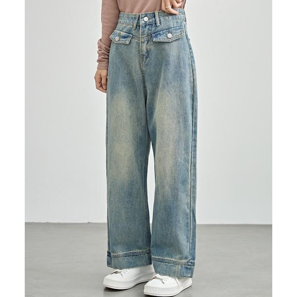 ジーンズ デニム デニムパンツ フラップデザイン ハイウエスト ワイド デニム パンツ レディース