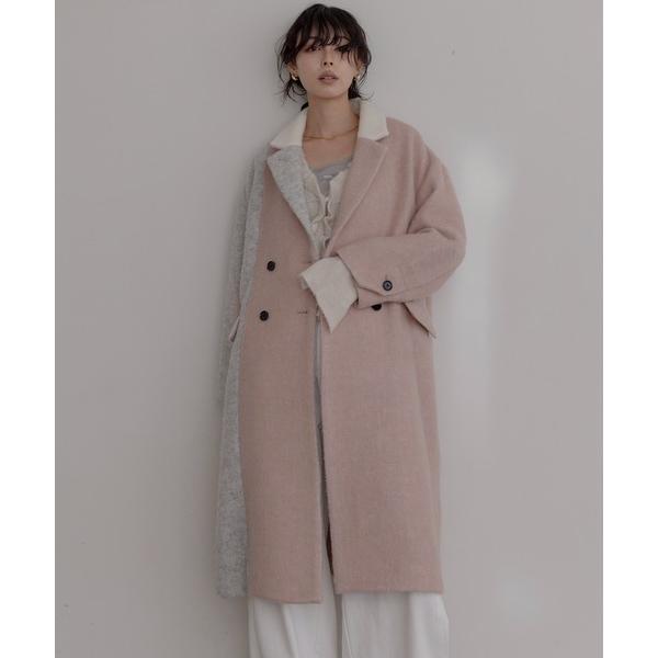 コート アウター ミックスシャギー配色ロングコート レディース