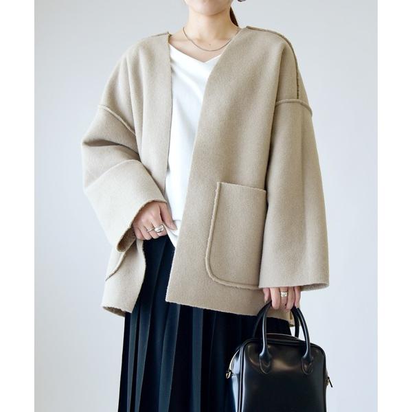 ジャケット ノーカラージャケット フェイクリングウールリバーシブルガウンジャケット レディース メン...