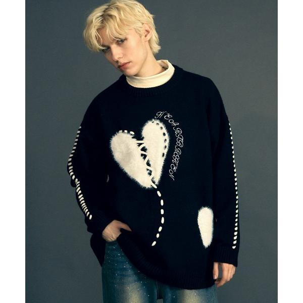 セーター ニット ルーズシルエットクルーネックハートモチーフニットセーター メンズ レディース