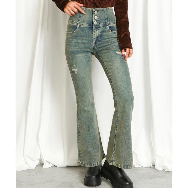 ジーンズ デニム デニムパンツ 「3ボタン×ヴィンテージ風」ダメージフレアデニム／脚長＆美脚シルエッ...