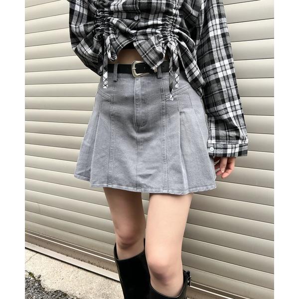 デニムスカート ベルト付きタックプリーツミニスカート