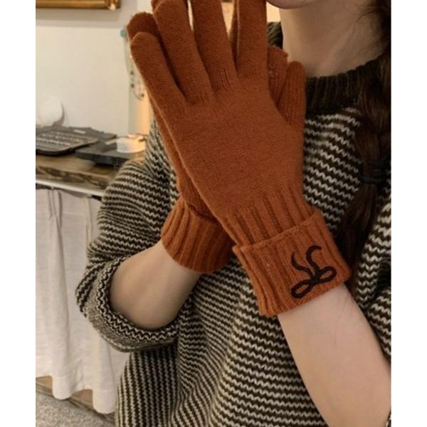 手袋 指穴付き リボン ニット グローブ レディース