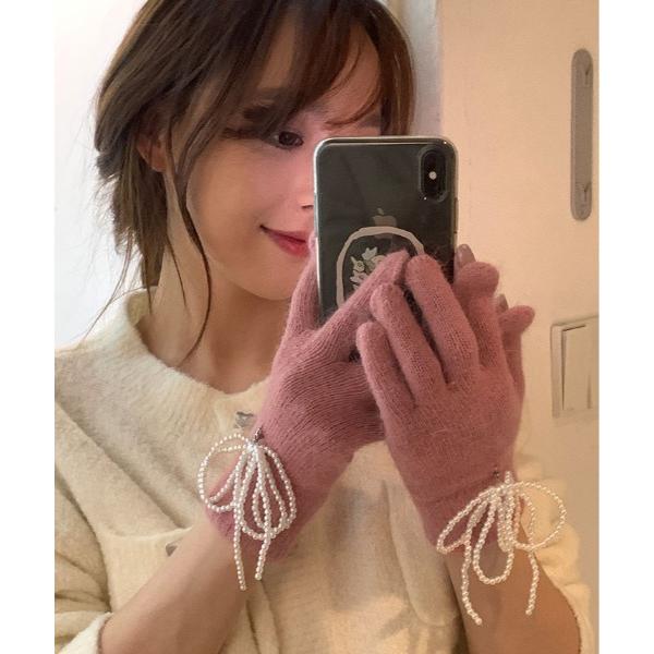 手袋 指穴付き パール リボン ニット グローブ レディース