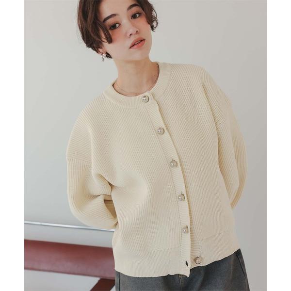 カーディガン シルバー釦クルーネックニットカーディガン レディース