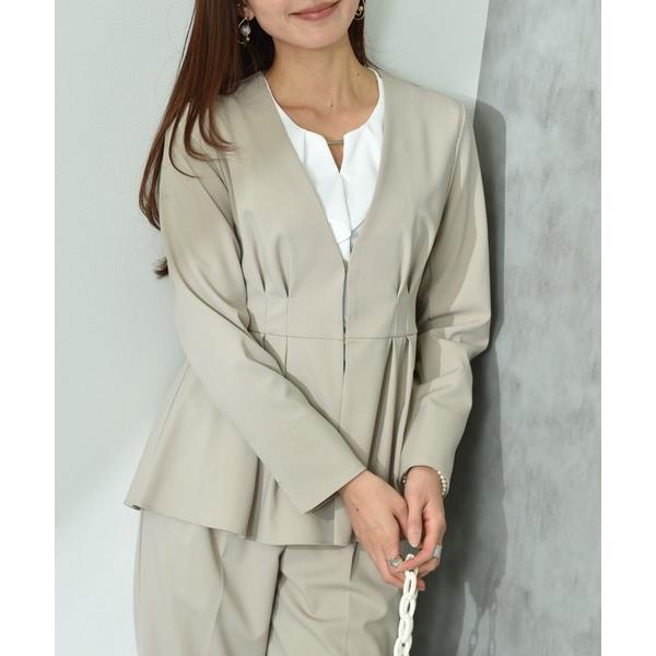 ジャケット ノーカラージャケット 「UV・ウォッシャブル・接触冷感」ストレッチツイルペプラムデザイン...